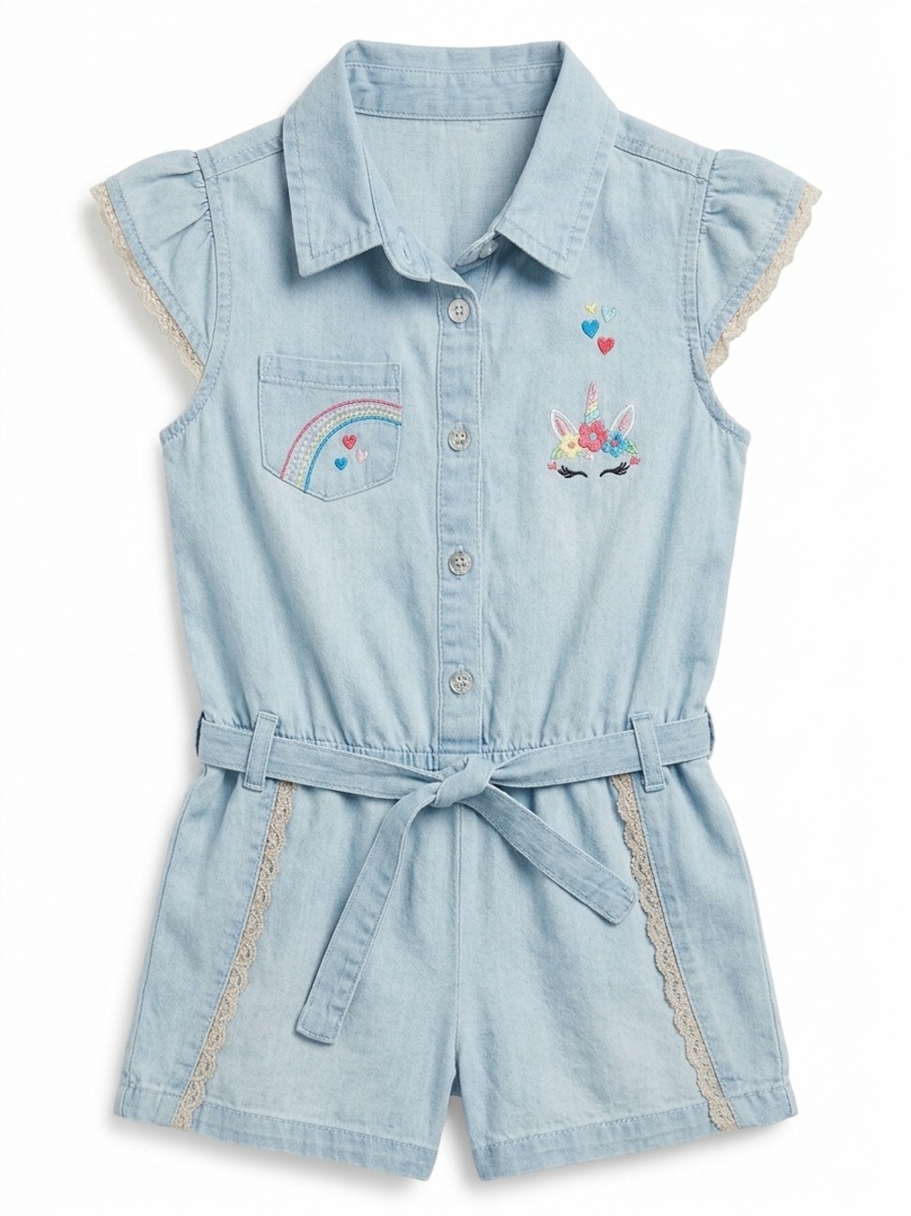 Girls Light Blue Denim Unicorn Embroidered Romper with Tie Waist